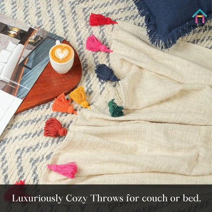 Homadorn 100% Cotton Off White Throw 300 TC Blanket with Handmade Colorful Tasse lColour Multicolor