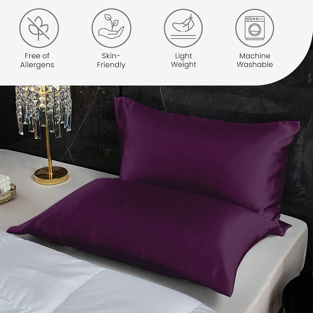 Cloth Fusion Satin Pillow Cover Set of 2 Perfect Pillow case with 3 Satin Soft Scrunchies for Women Solid 400 TC Wine