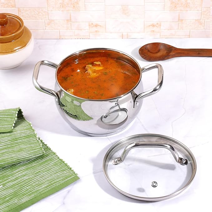 Vinod Almaty Stainless Steel Casserole with Glass Lid 2.9 Litre, 18 cm | 2.6mm Thick Base