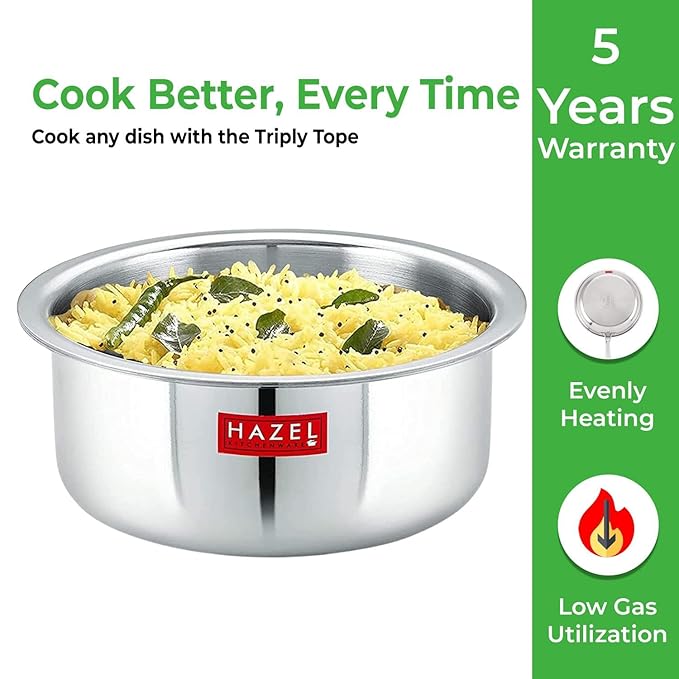 Hazel Triply Stainless Steel Cookware with Lid 3000 ml Stainless Steel Patila Utensils Set for Kitchen
