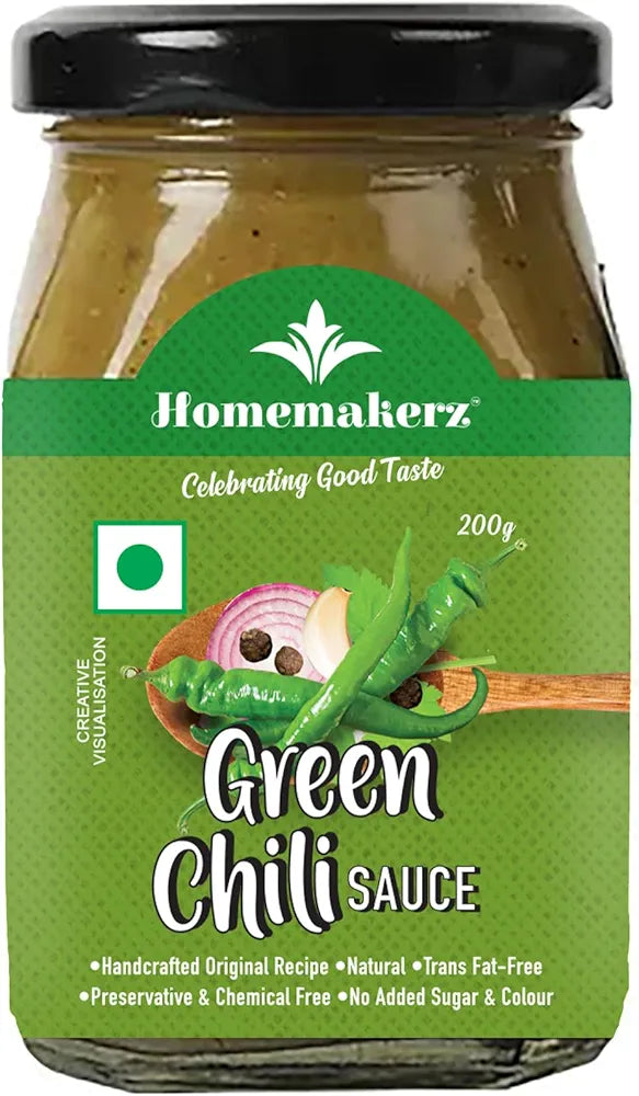 Homemakerz Green Chili Sauce - Fresh & Spicy Condiment Sauce - 200 gm - Preservative Free, Chemical Free & Trans Fat-Free