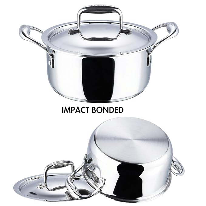 Vinod Platinum Triply Stainless Steel Saucepot with Lid - 5 Litre, 24 cm | 2.5mm Thick | SAS Bottom | Biryani Pot