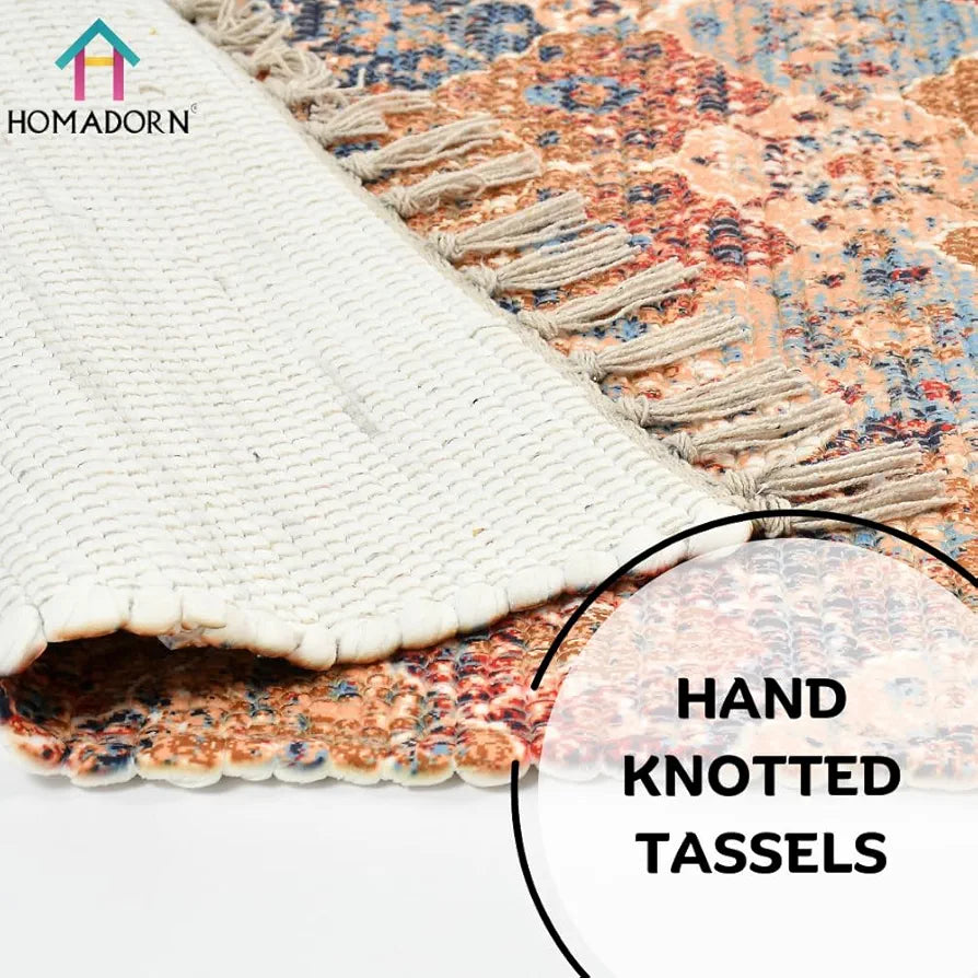 Homadorn Handmade Sustainable Printed Modern Dhurrie/Rugs/Carpet Colour Multicolor 014