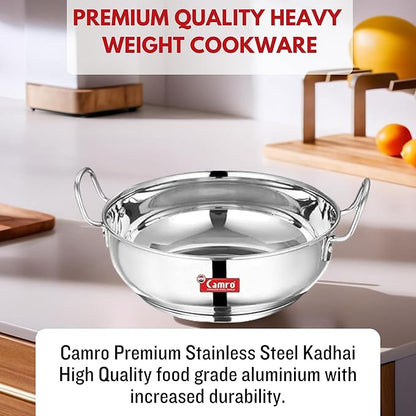Camro Kadhai Induction Bottom 1.8 Liters kadhai Steel Stainless Kadhai for Deep Frying