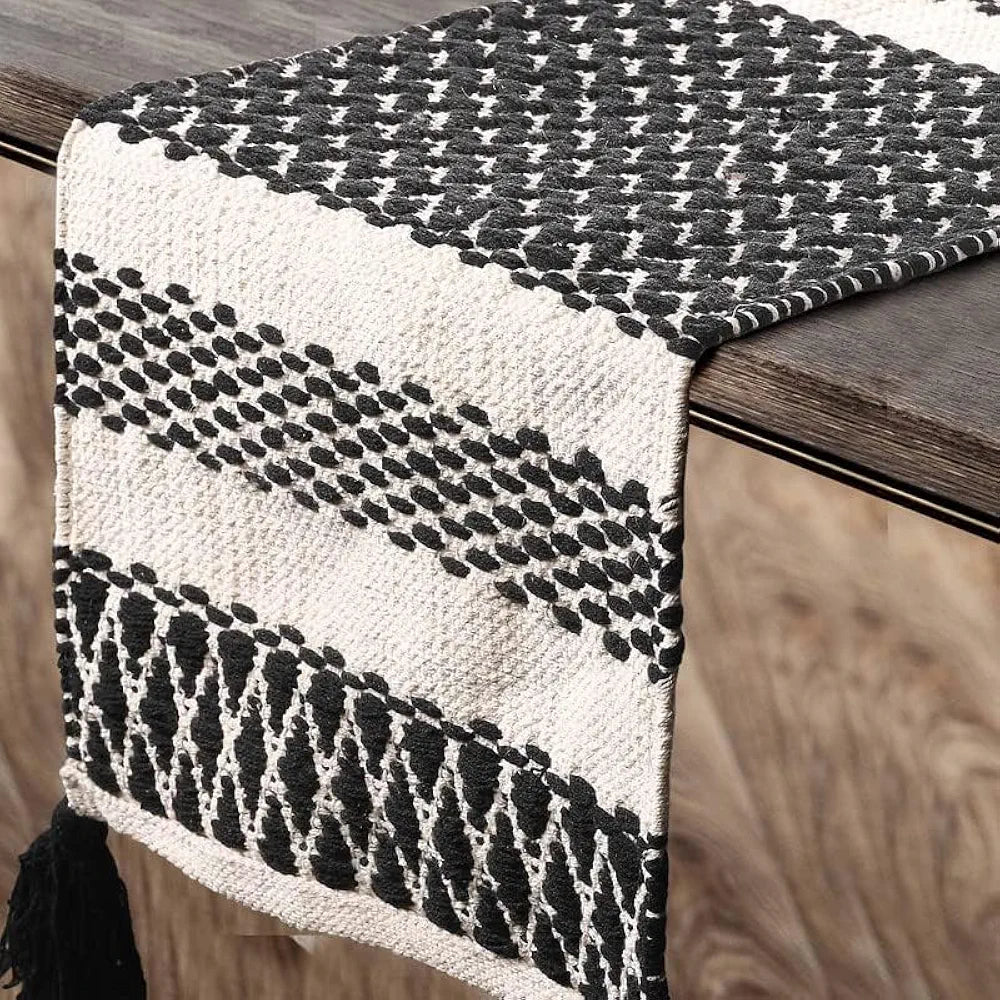 Sashaa World Handwoven Cotton Table Runner Colour Black and White