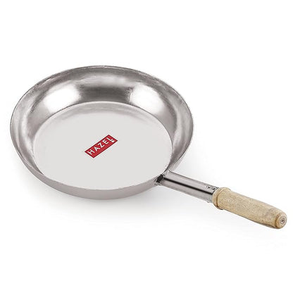 Hazel Stainless Steel Fry Pan Tapper Pan Tawa Tavi with Wooden Handle for Cooking and Frying, 31.5 cm, 2800 Ml
