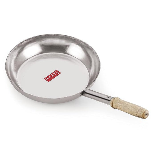 Hazel Stainless Steel Fry Pan Tapper Pan Tawa Tavi with Wooden Handle for Cooking and Frying, 31.5 cm, 2800 Ml