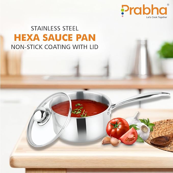 Prabha Tri-Ply Stainless Steel Hexa Cube Sauce Pan Included Lid 16cm 2L Non Stick Coating