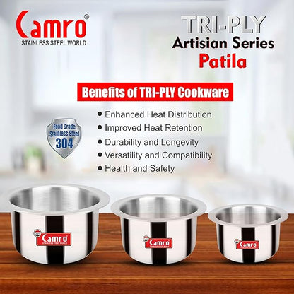 Camro Tripro Triply Artisian Tope 12 No 1.8 Liters Capacity Cauldron Tope Handi Patila Stainless Steel Grains