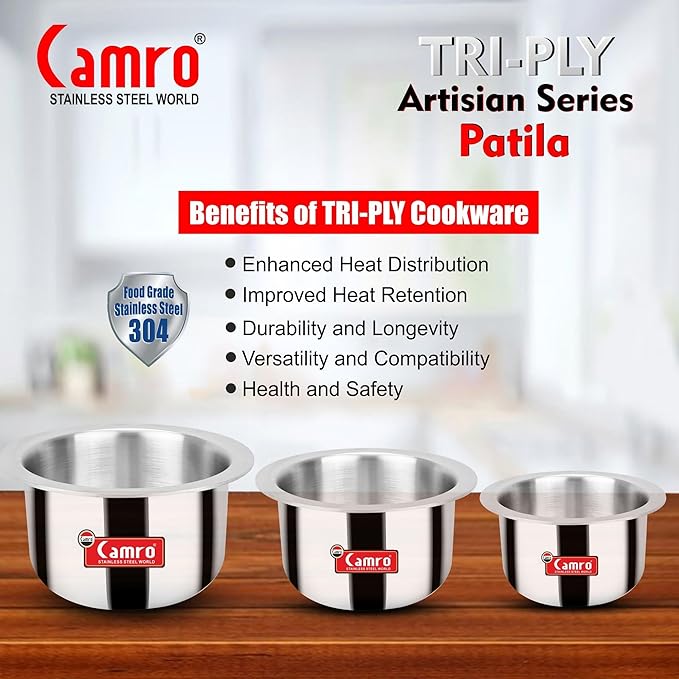 Camro Tripro Triply Artisian Tope 13 No 2.2 Liters Capacity Cauldron Tope Handi Patila Stainless Steel Grains