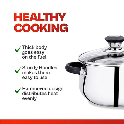 Praylady Stainless Steel Stock Pot with Glass Lid Ecstasy Series 3 Ply Base Stock Pot Size 16 cm Capacity