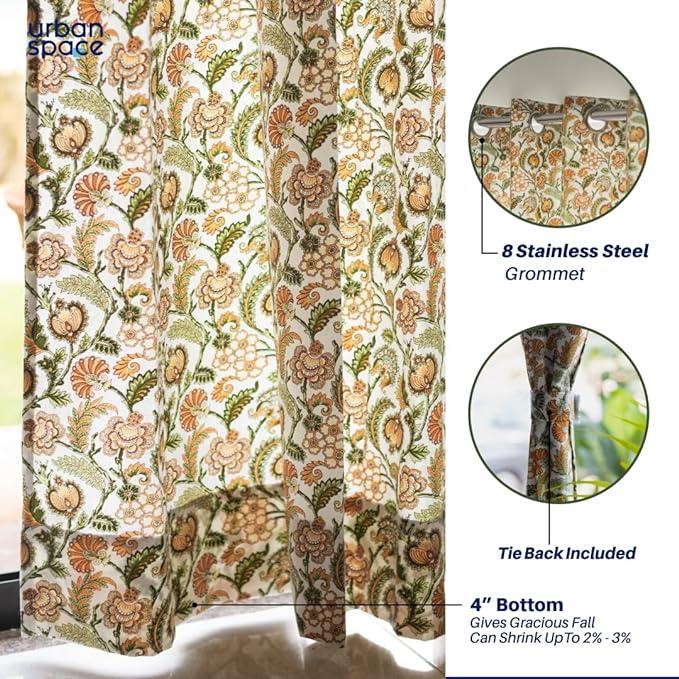 Urban Space Cotton Curtains for Door Set of 2 Curtains with Tieback (Colour Creeper Mustard)