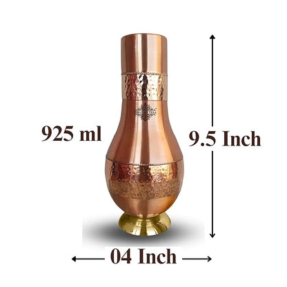 Indian Art Villa Pure Copper Bedroom Water Bottle With Inbuilt Glass Surahi Design With Brass Bottom