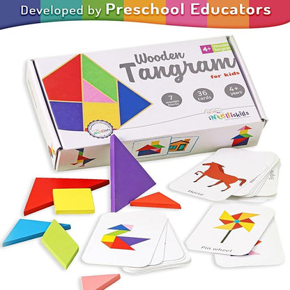 Firstcry Intelliskills Intelliskills 43 Pieces Wooden Tangram Puzzle | 7 Blocks With 36 Activity Cards Montessori Educational Gift for Kids