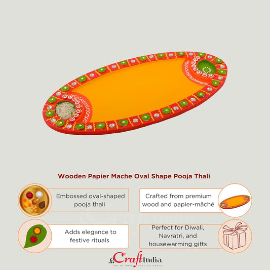 Ecraftindia Wooden and Papier- Mache Pooja Thali | Yellow