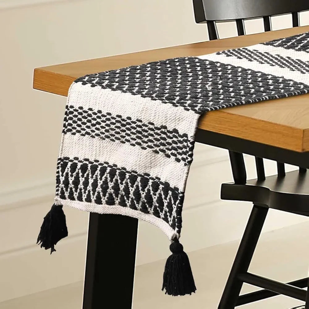 Sashaa World Handwoven Cotton Table Runner Colour Black and White