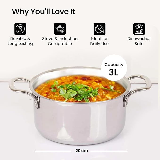 Savya Home Triply Stainless Steel Tope Patila with Lid Handi Casserole with lid 3L 20 cm