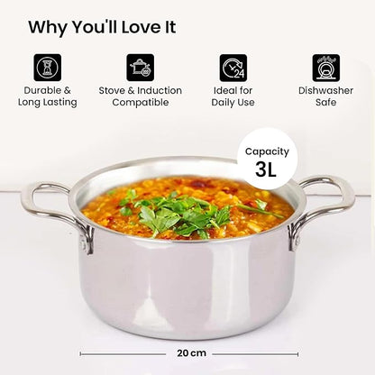 Savya Home Triply Stainless Steel Tope Patila with Lid Handi Casserole with lid 3L 20 cm