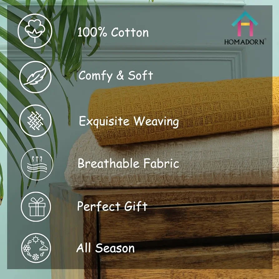 Homadorn Waffle 100% Cotton Throw Blanket Colour Mustard
