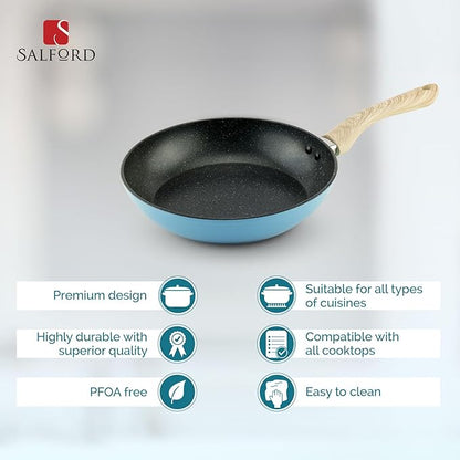 Salford by Ucook Forged Non-stick Frypan With Soft Touch Wooden Handle | Black Spatter Dusty Blue | 240mm | 1.85 Litre