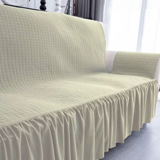 Kuber Industries Soft Velvet Quilted Single Seater Sofa Cover with Pocket Arms Frill Cream
