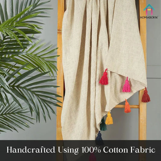 Homadorn 100% Cotton Off White Throw 300 TC Blanket with Handmade Colorful Tasse lColour Multicolor