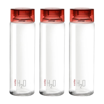 Cello H2O Glass Fridge Water Bottle with Plastic Cap | 920 ml | Set of 3 | Red