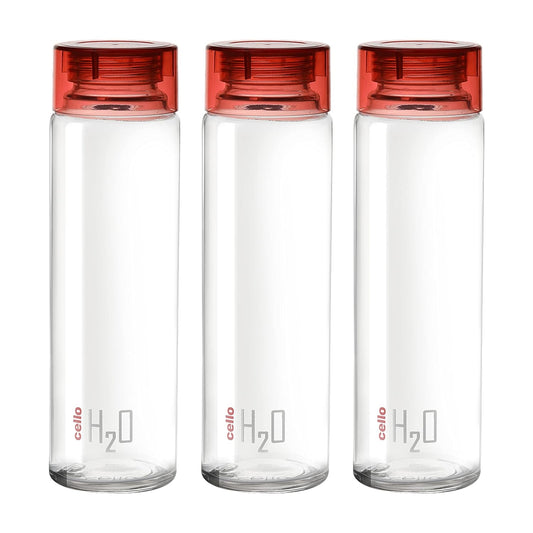 Cello H2O Glass Fridge Water Bottle with Plastic Cap | 920 ml | Set of 3 | Red