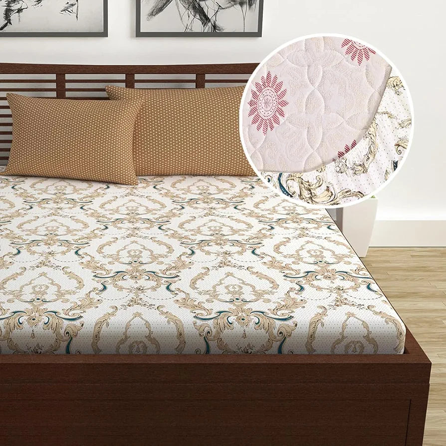 Divine Casa White and Grey Floral Pattern 144 TC 100% Cotton Elastic Fitted Printed Queen Size Double Bed Bedsheet with 2 Pillow Cover Colour Tiger's Eye