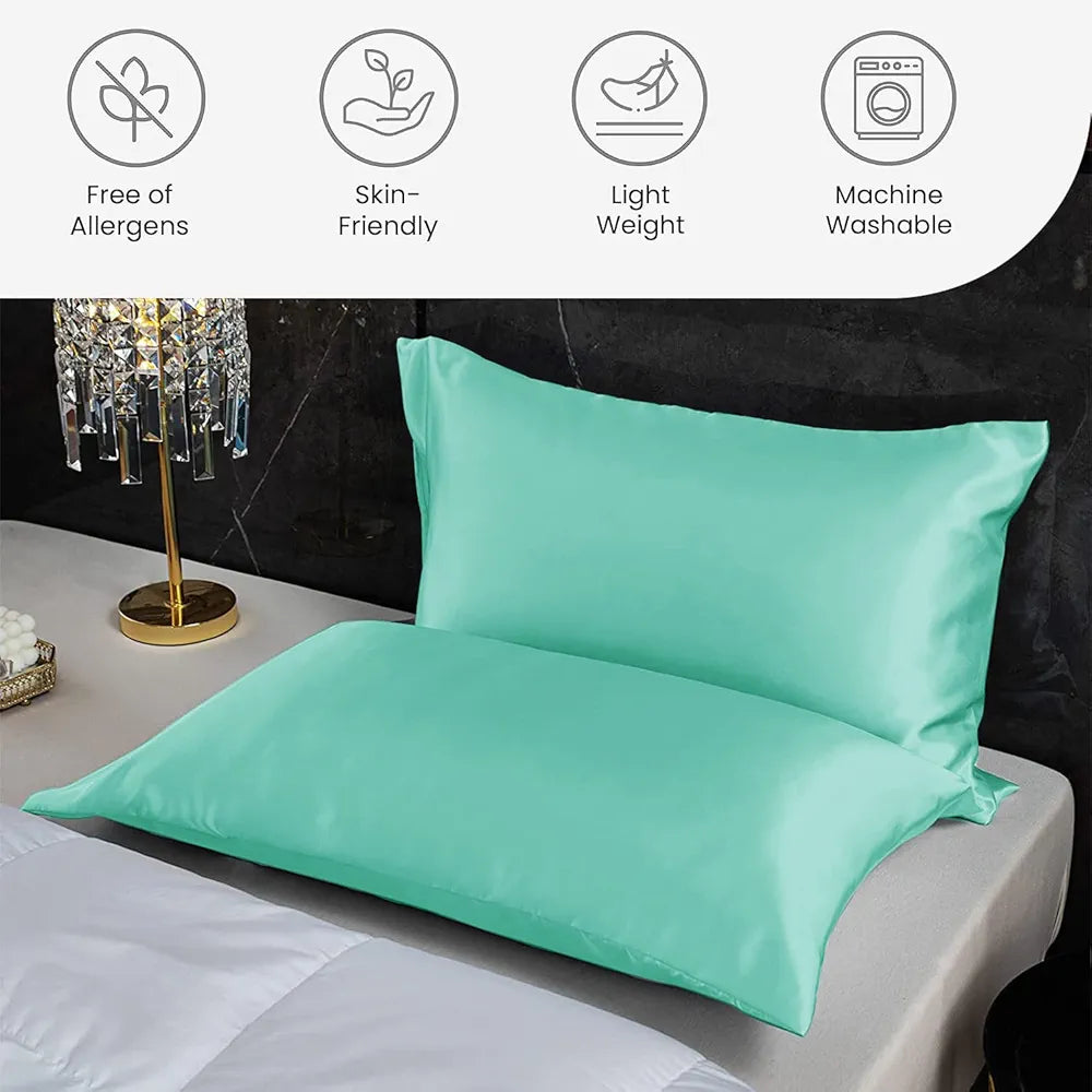 Cloth Fusion Satin Pillow Cover Set of 2 Pillow case with 3 Satin Soft Scrunchies Sea Green