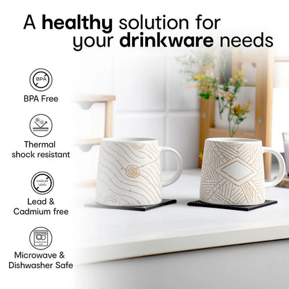 Waluvin Set of 2: Stylish White & Beige Stoneware Mugs | 400ml | Embossed Design