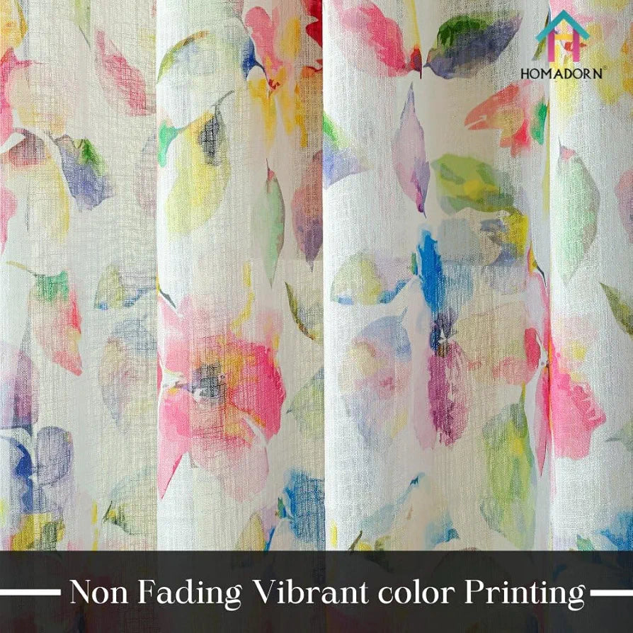 Homadorn Linen Sheer Printed Semi Transparent Curtains for Window Set of 2 Multi Watercolor