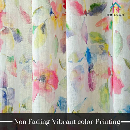 Homadorn Linen Sheer Printed Semi Transparent Curtains for Window Set of 2 Multi Watercolor