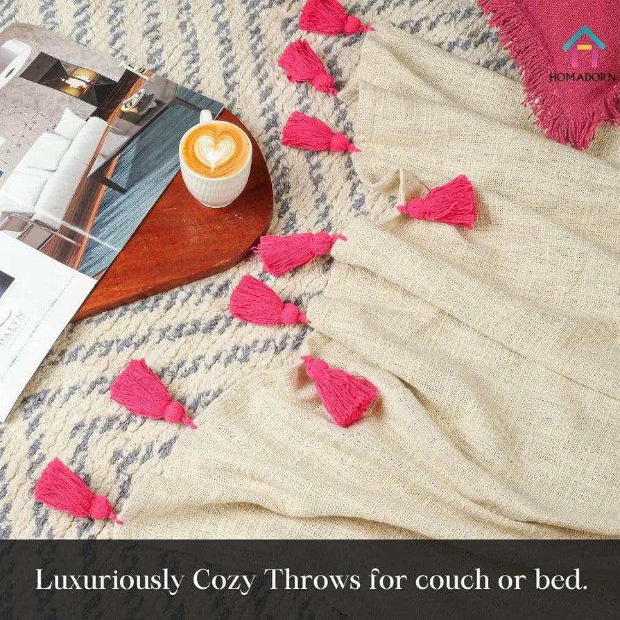 Homadorn 100% Cotton Off White Throw Blanket with Handmade Colorful Tassel Colour Pink