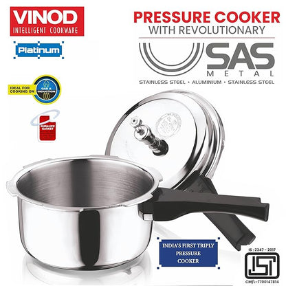 Vinod Platinum Triply Stainless Steel Outer Lid Pressure Cooker | Induction Base Pressure Cooker | 3 Litre Capacity