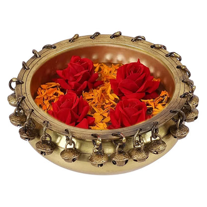 Two Moustaches Ethnic Traditional 6 Inches Brass Urli Bowl with Bells