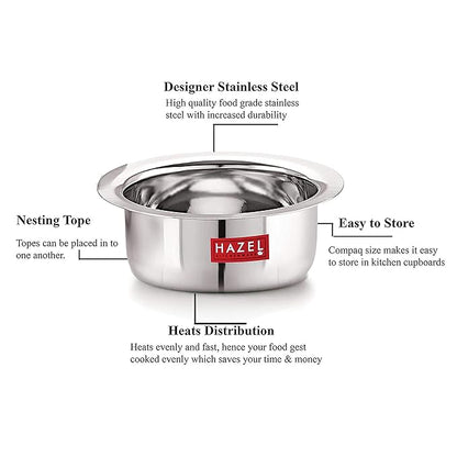 Hazel Small Utensils Set for Kitchen Set of 3 (300 ml, 500 ml & 800 ml) Small Stainless Steel Flat Bottom