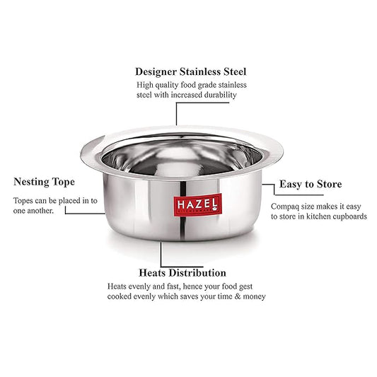 Hazel Small Utensils Set for Kitchen Set of 3 (300 ml, 500 ml & 800 ml) Small Stainless Steel Flat Bottom