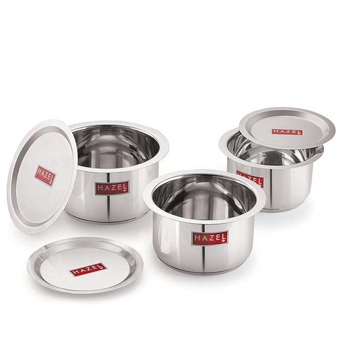 Hazel Induction Base Tope Base Thick Flat Bottom Patila Cookware with Steel Lids 3 Topes & 3 Lids