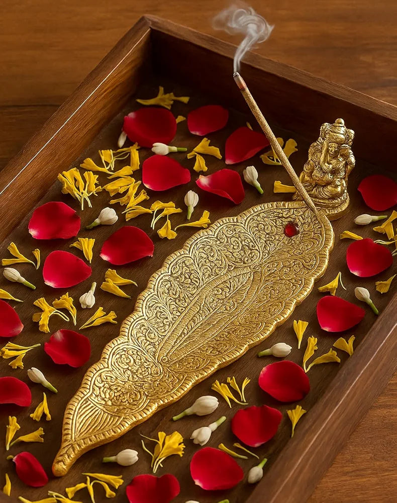 Pure Source India Aluminum Incense Holder & Ash Catcher Agarbatti Stand Featuring Ganesh Figurine Gold