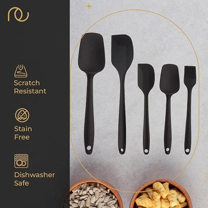 Frenchware Set of 5 Spatulas, Black | Non-stick Premium Silicone Spatula for Cooking, Baking & Mixing, Seamless Design