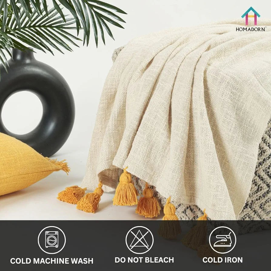 Homadorn 100% Cotton Off White Throw 300 TC Blanket with Handmade Colorful Tassel Colour Mustard