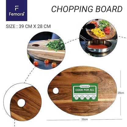 Femora Vegetable Acacia Wood Chopping Board Anti Bacterial Seasoned With Organic Mineral Oil Oval Shape | 39 X 28 Cm