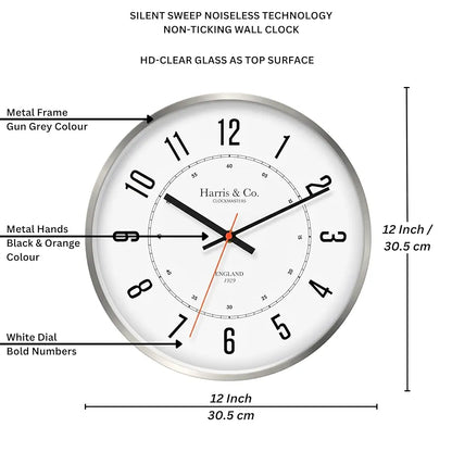 Harris & Co. Clockmasters Silent Sweep Noiseless Technology Wall Clock Grey