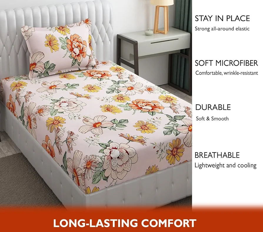 Fresh From Loom Floral Print Microfiber Single Bed Bedsheet Set Anti Fade 240 TC 1 Pillow Covers Soft-Pink