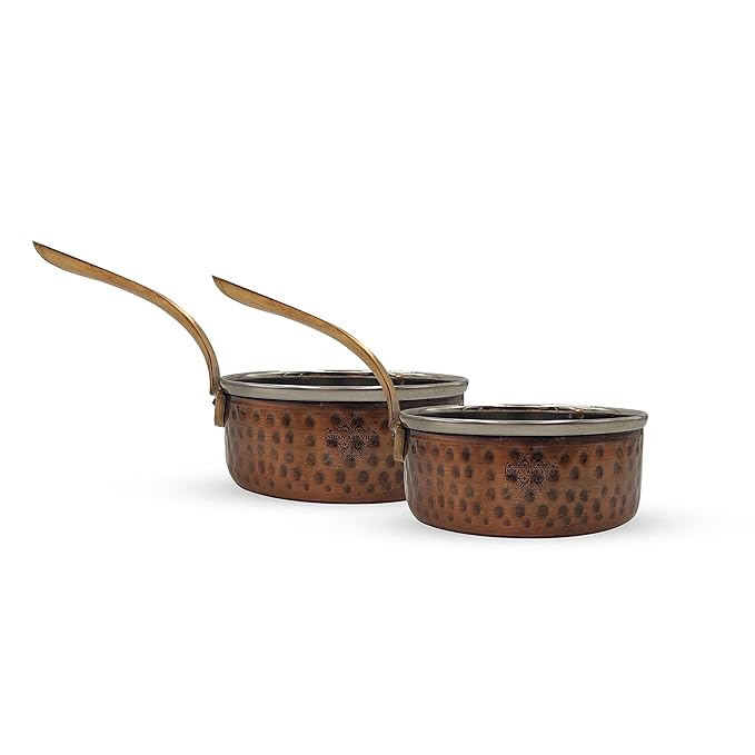 Indian Art Villa Steel Copper Antique Dark Tone Design Sauce Pan with Brass Handle | 600 ml