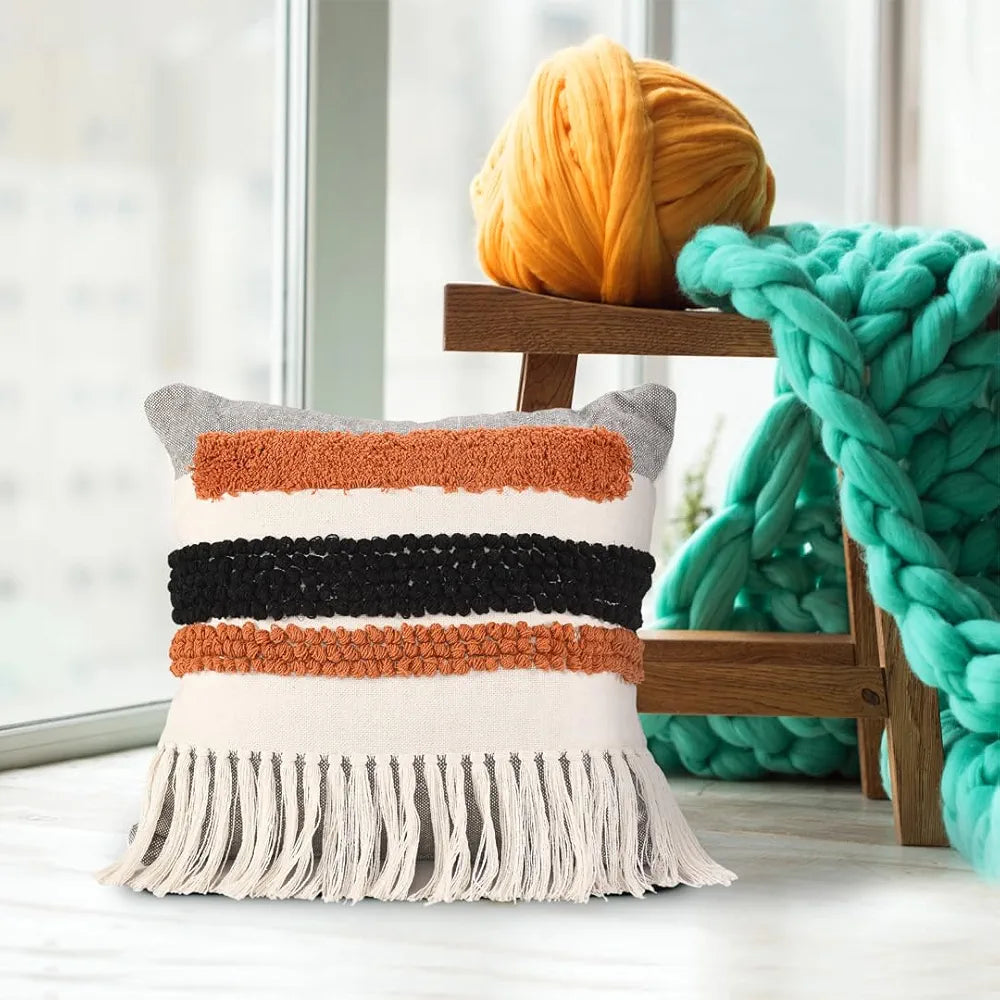 Sashaa World Multi Coloured Taseled And Tufted Cotton Cushion Cover Colour Multi