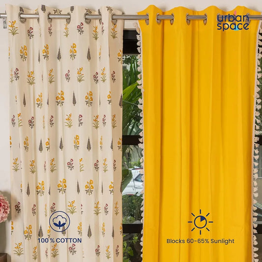 Urban Space Floral Cotton Curtains For Door, Set Of 3 Curtains For Home Decor Mosaic Yellow and Blue & Aura Indigo