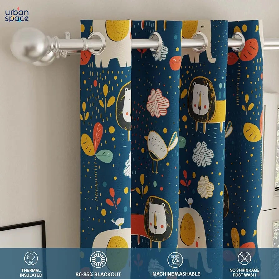 Urban Space Digital Printed Blackout Curtains for Door Bedroom Room Darkening Blackout Kids Decorative Curtains, 1 Piece Curtain Lion King Blue