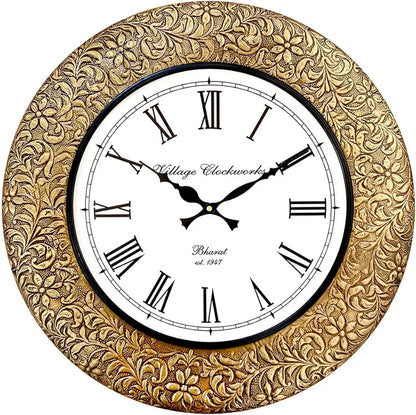 RoyalsCart Emboss Metal Analog Wall Clock Size - 16 X 16 Inches [Ktwc255] Gold Emboss Metal